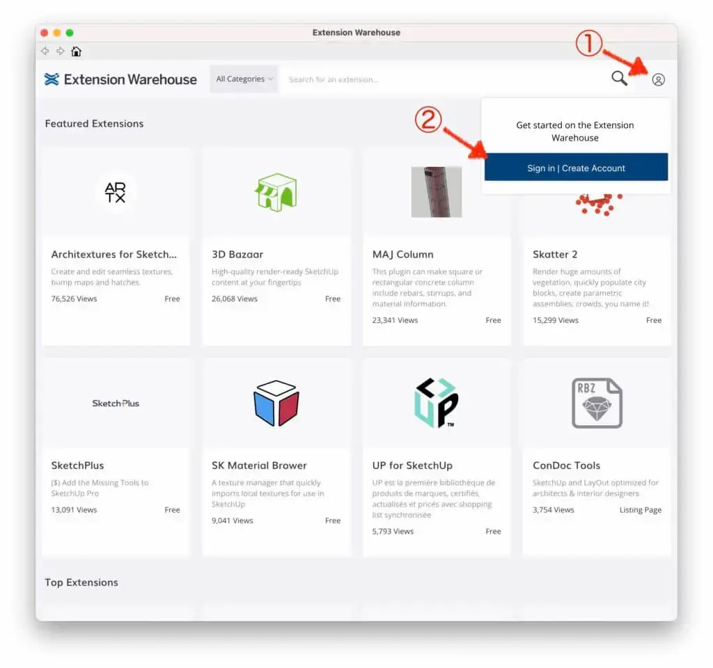 2.「Extension Warehouse」画面からサインインをする