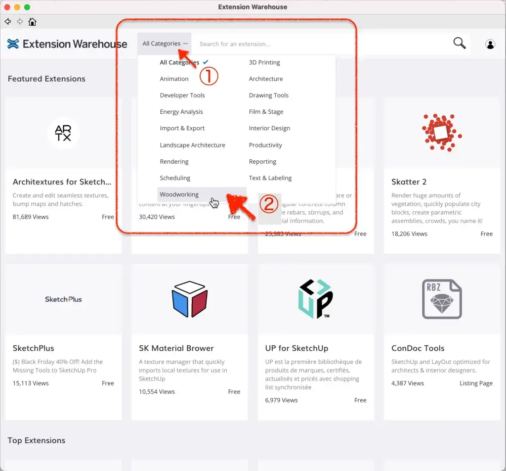 7.「All Categories+」をクリックするとカテゴリーメニューが表示されます次に「Woodworking」をクリックします