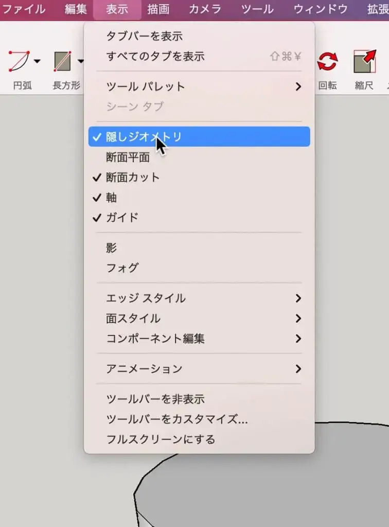 13.「表示」＞「隠しジオメトリ」を解除します