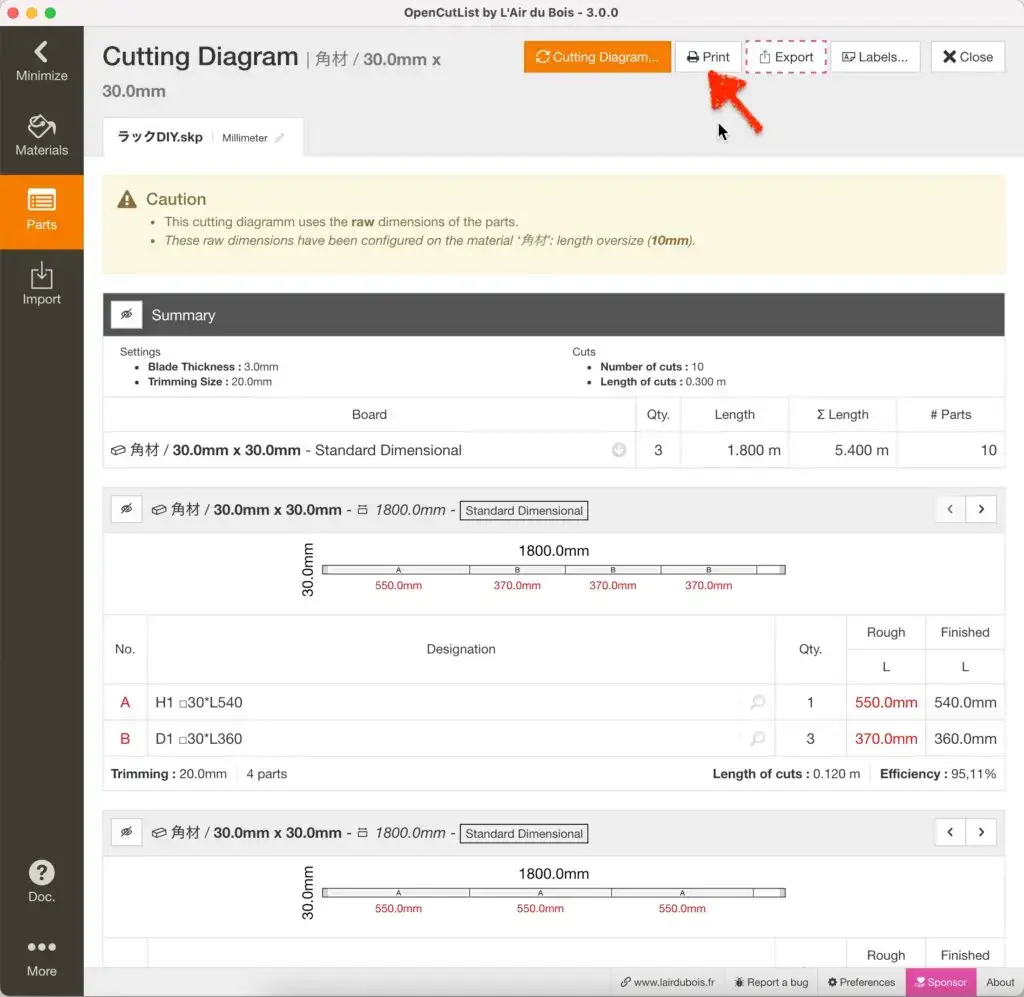 46.「Cutting Diagram」パネルで上部にある「Print」をクリックします