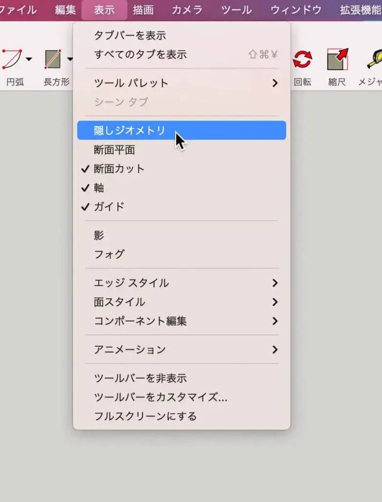 9.「表示」>「隠しジオメトリ」をクリックします